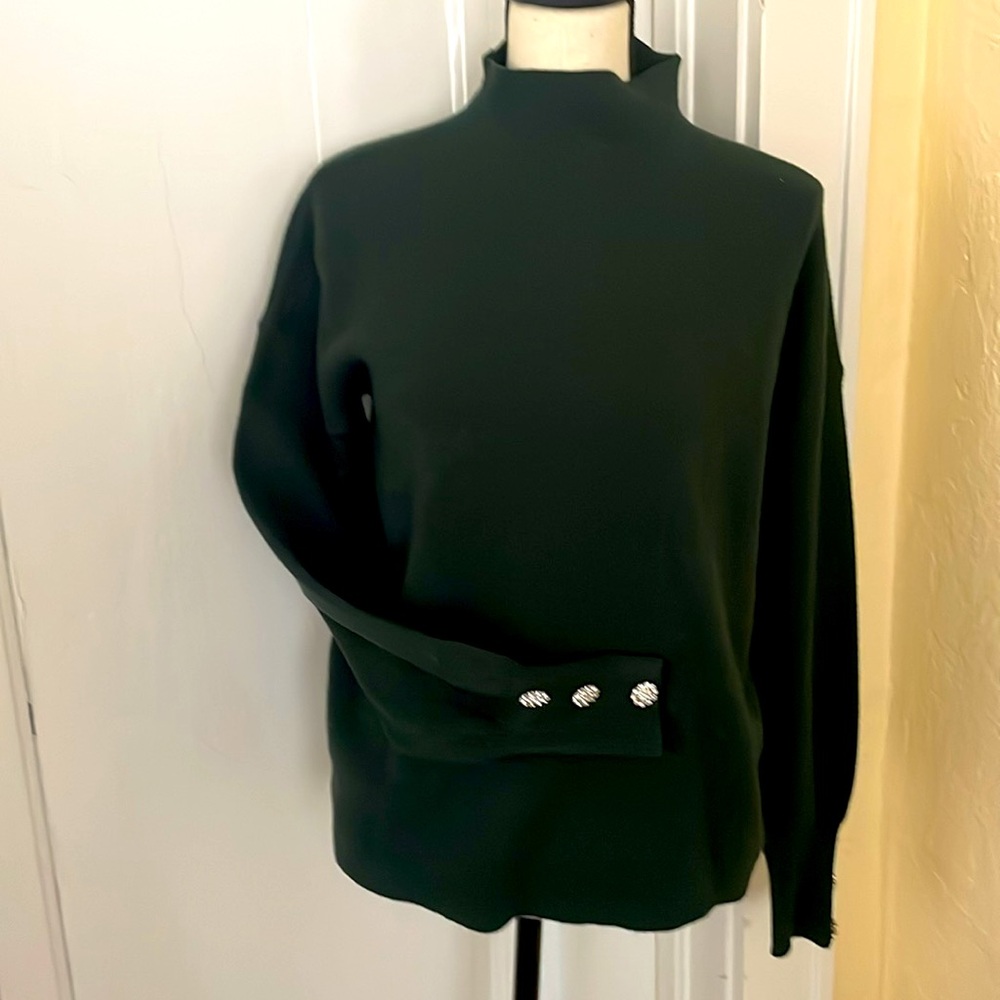 Tahari Pine Green Turtleneck Rhinestone Floral button L/Sleeves Sweater Medium - Picture 2 of 8